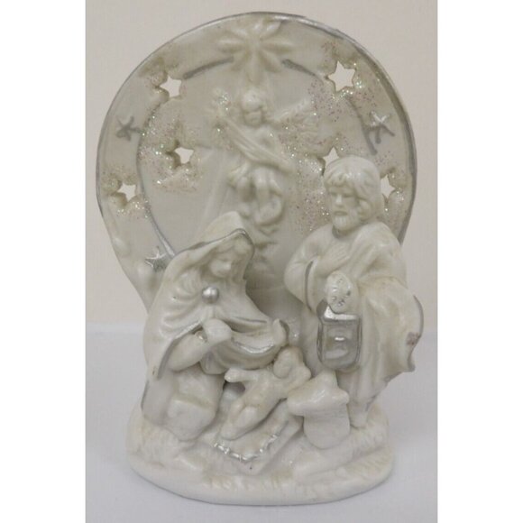 Nativity Candle Holder- Bisque Ceramic, Glittered & Silver Accents - Picture 1 of 5